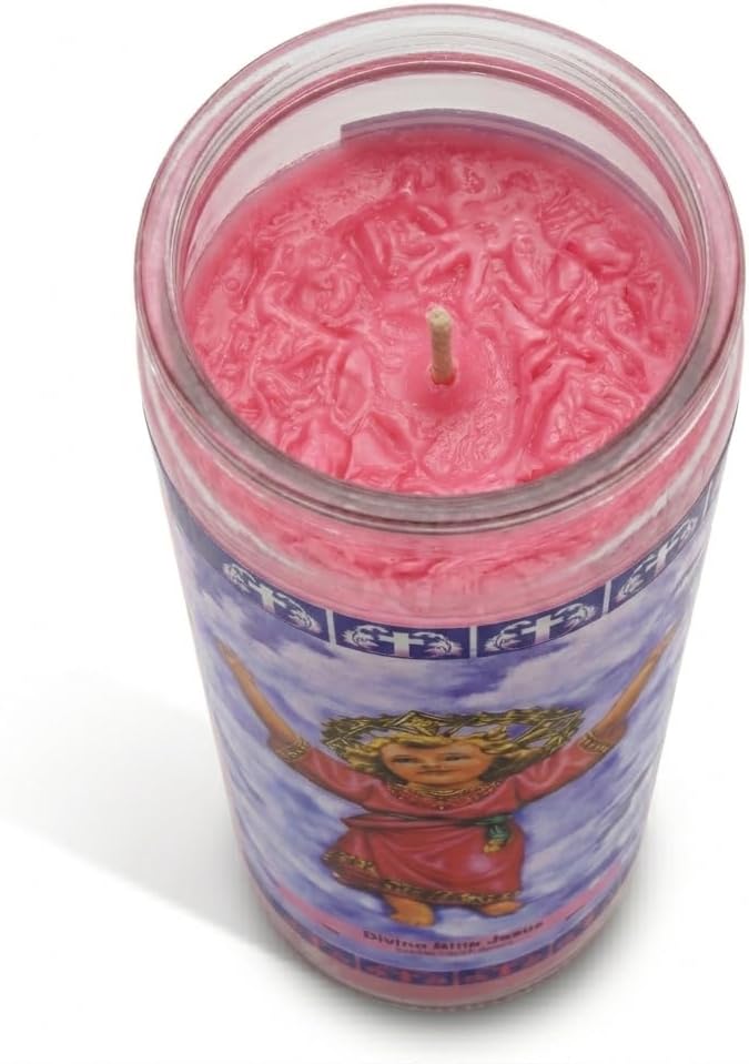 Velón Religioso Divino Niño Jesús Color Rosa - Vela de Oración de 7 Días (110 Horas) en Vaso de Cristal - Ideal para Peticiones, Devoción y Protección Espiritual - Goya - Acabado Profesional - NEXU