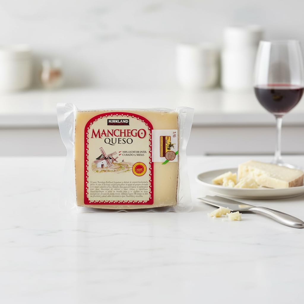 Queso Manchego Curado - 6 Meses con Denominación de Origen Protegida (D.O.P.) - 100% Leche de Oveja Manchega - Kirkland - Pieza de 500g Envasada al Vacío - NEXU
