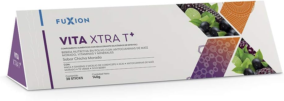 FUXION - Vita XTRA T – Bebida Instantánea de Maíz Morado con Té Verde, Açaí, Cordyceps, Goji, Maca y Ginseng | Energía Natural y Antioxidantes | 1 Caja con 28 Sticks (140 g) | Sabor A Maíz Morado
