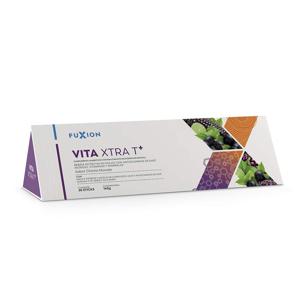 FUXION - Vita XTRA T – Bebida Instantánea de Maíz Morado con Té Verde, Açaí, Cordyceps, Goji, Maca y Ginseng | Energía Natural y Antioxidantes | 1 Caja con 28 Sticks (140 g) | Sabor A Maíz Morado