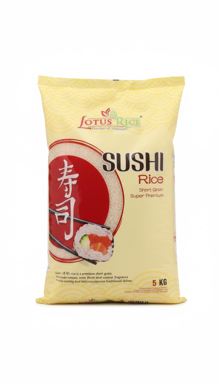 Arroz para Sushi Lotus Rice Grano Corto Premium 5kg - Arroz Japonés Superior para Sushi, Maki y Nigiri - Textura Tierna y Sabor Dulce Natural