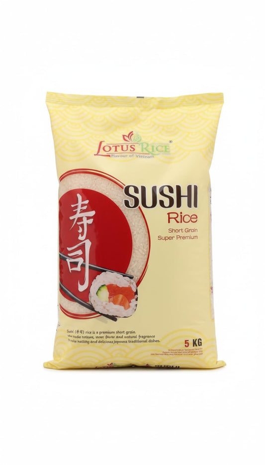 Arroz para Sushi Lotus Rice Grano Corto Premium 5kg - Arroz Japonés Superior para Sushi, Maki y Nigiri - Textura Tierna y Sabor Dulce Natural