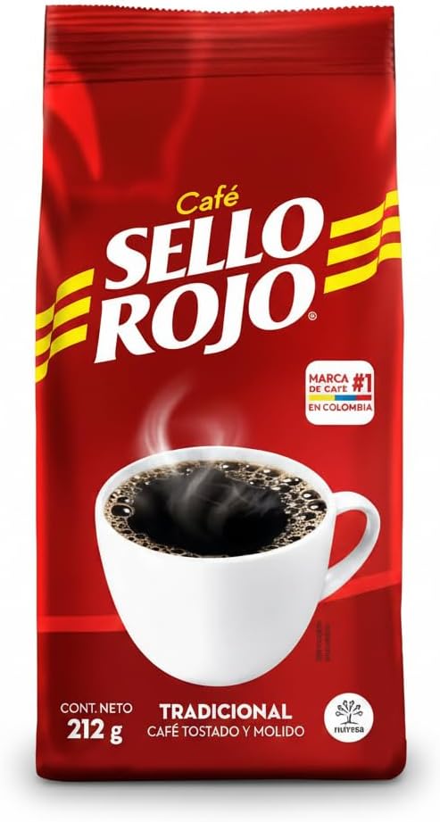 Café 100% Colombiano Tostado y Molido, Sabor Equilibrado y Aroma Intenso - Café Sello Rojo Tradicional - Marca Líder en Colombia - 212g - NEXU