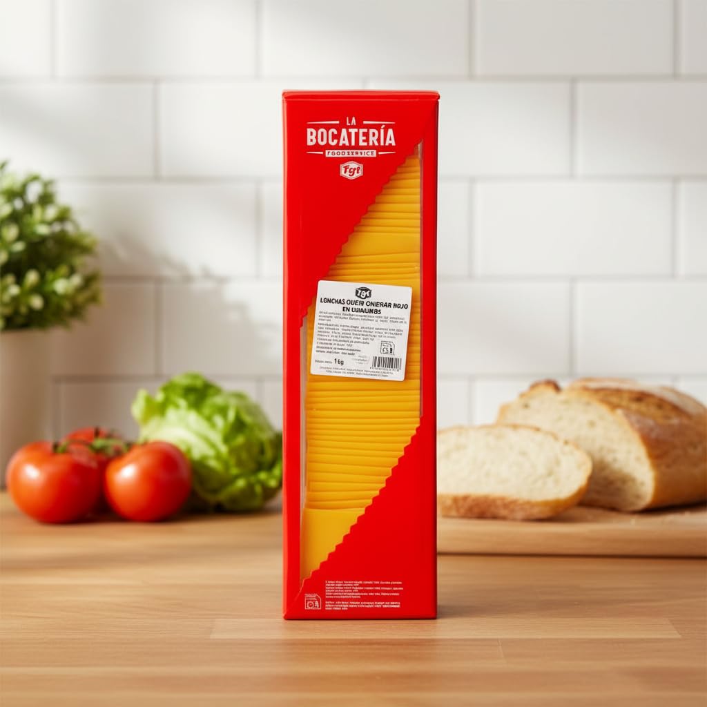 Queso Cheddar Rojo en Lonchas Escalonadas, 1kg - Ideal para Hamburguesas, Sándwiches y Hostelería - Fácil Separación y Fundido Perfecto - La Bocatería Foodservice - Elaborado con Leche de Vaca - NEXU