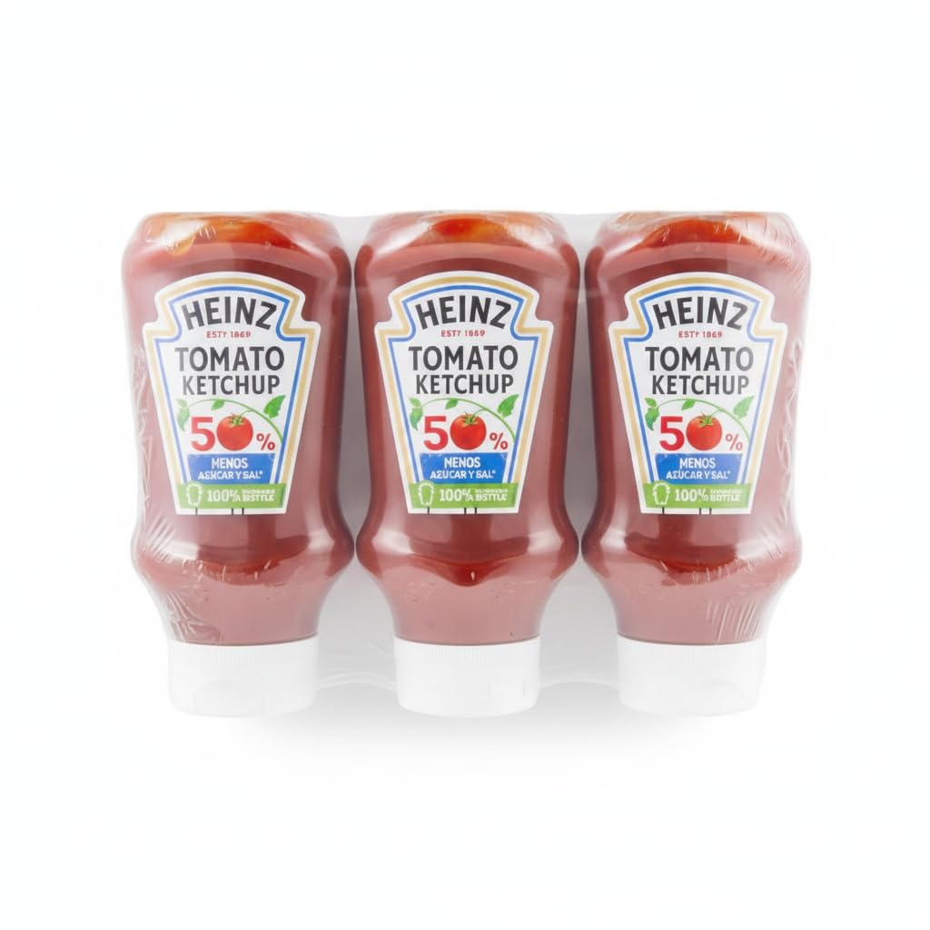 Ketchup 50% Menos Azúcar y Sal - Pack de 3 x 500ml (550g) - Salsa de Tomate con Stevia - Sin Colorantes ni Conservantes - Botellas 100% Reciclables, Total 1.5L - NEXU