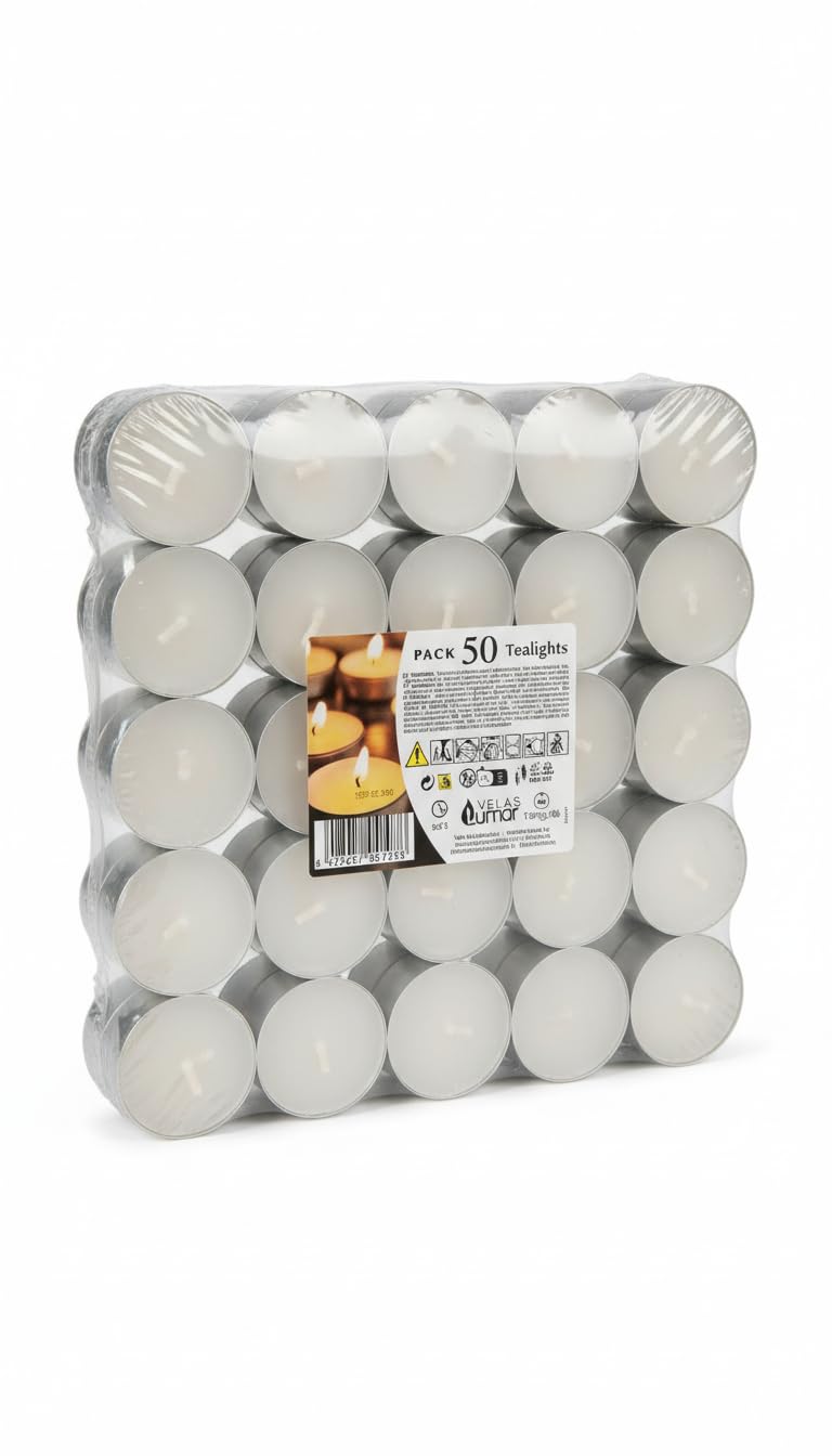 VELAS Lumar Pack de 50 Velas de Té (Tealights) de Larga Duración (4 Horas), Velas Pequeñas de Parafina para Decoración, Iluminación de Eventos y Quemadores de Esencia, Fabricado en España