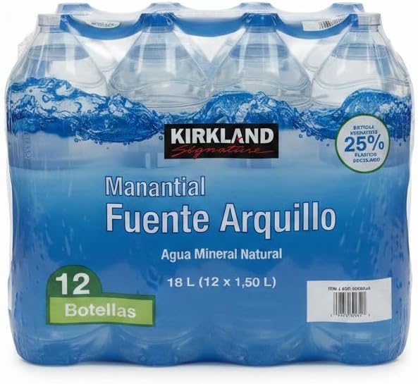 Agua Mineral Natural Manantial Fuente Arquillo -Kirkland Pack de 12 Botellas de 1,5L (Total 18L) - Para Hidratación Familiar y Sostenible- Nexu