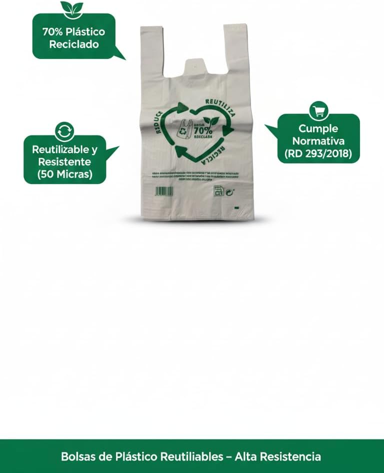 Bolsas Tipo Camiseta | Plástico 70% Reciclado · Tamaño 35x50 cm | 100 Uds | Aptas Uso Alimentario, Resistentes, Reutilizables | Cumple todas las normativas