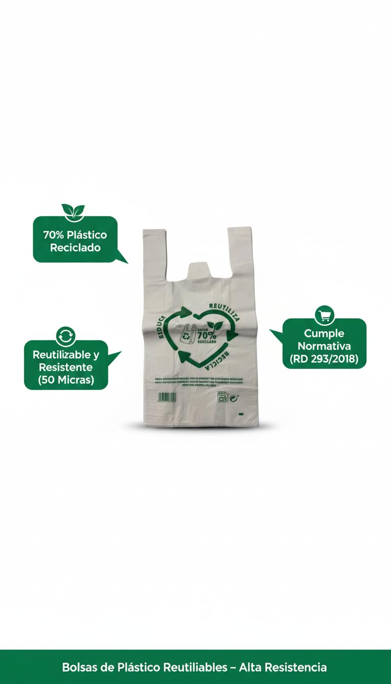 Bolsas Tipo Camiseta | Plástico 70% Reciclado · Tamaño 35x50 cm | 100 Uds | Aptas Uso Alimentario, Resistentes, Reutilizables | Cumple todas las normativas