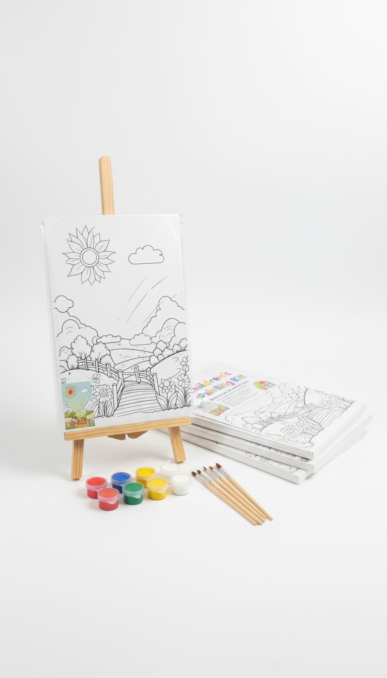 Set de Pintura  con 4 Lienzos Dibujados, Caballete de Madera, 4 Juegos de Pinturas y Pinceles - Kit Completo de Manualidades Infantiles y Actividades Creativas - Regalo Ideal