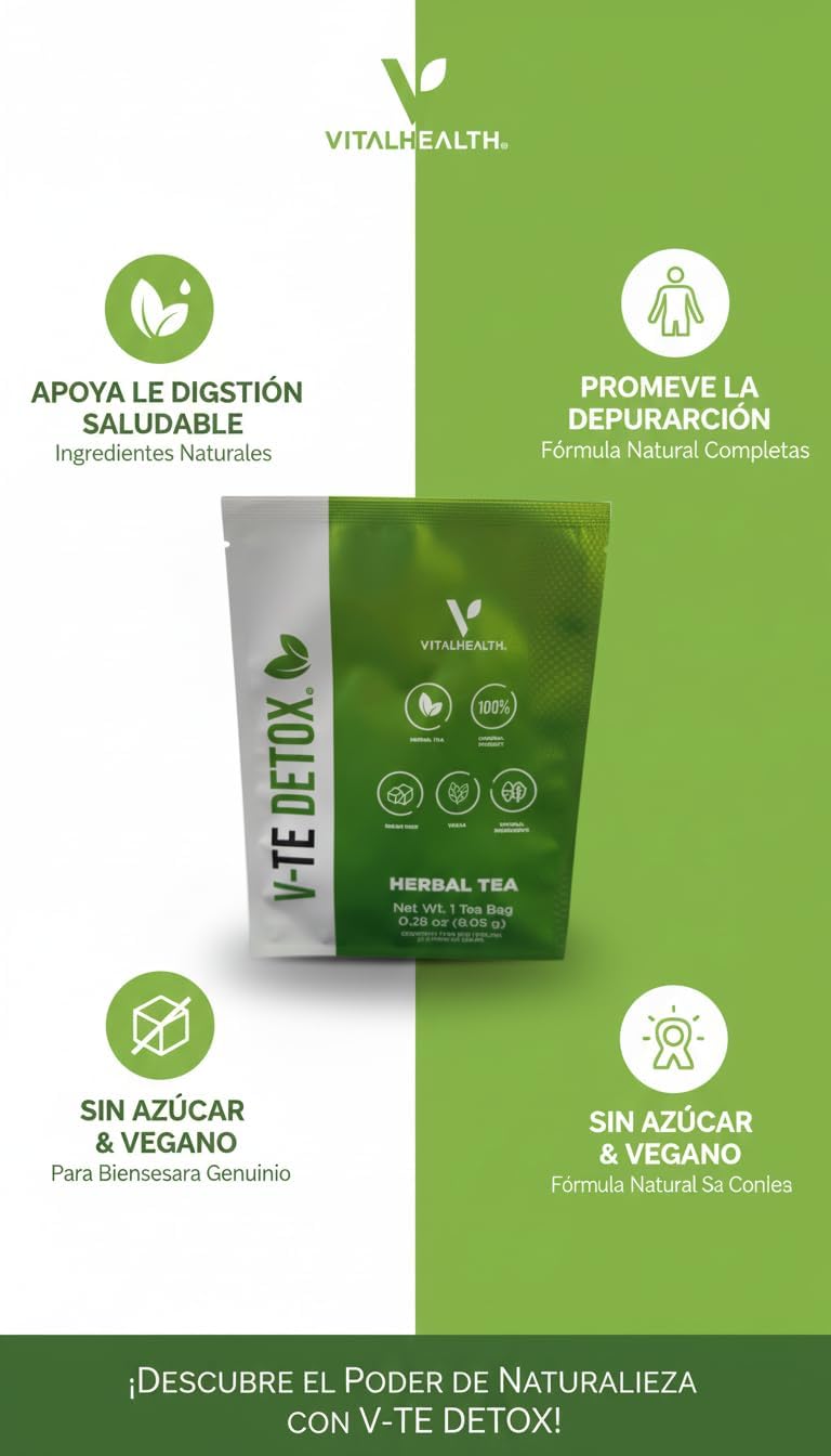 VITALHEALTH V-TE DETOX Té Herbal Original – Detoxificación Natural con Senna y Cardo Mariano | Vegano, Sin Azúcar | Rinde 4 litros | Bienestar Digestivo