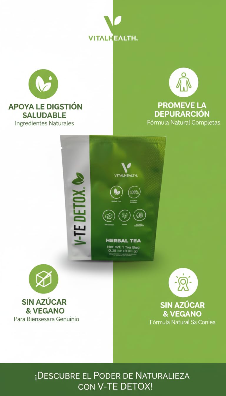 VITALHEALTH V-TE DETOX Té Herbal Original – Detoxificación Natural con Senna y Cardo Mariano | Vegano, Sin Azúcar | Rinde 4 litros | Bienestar Digestivo