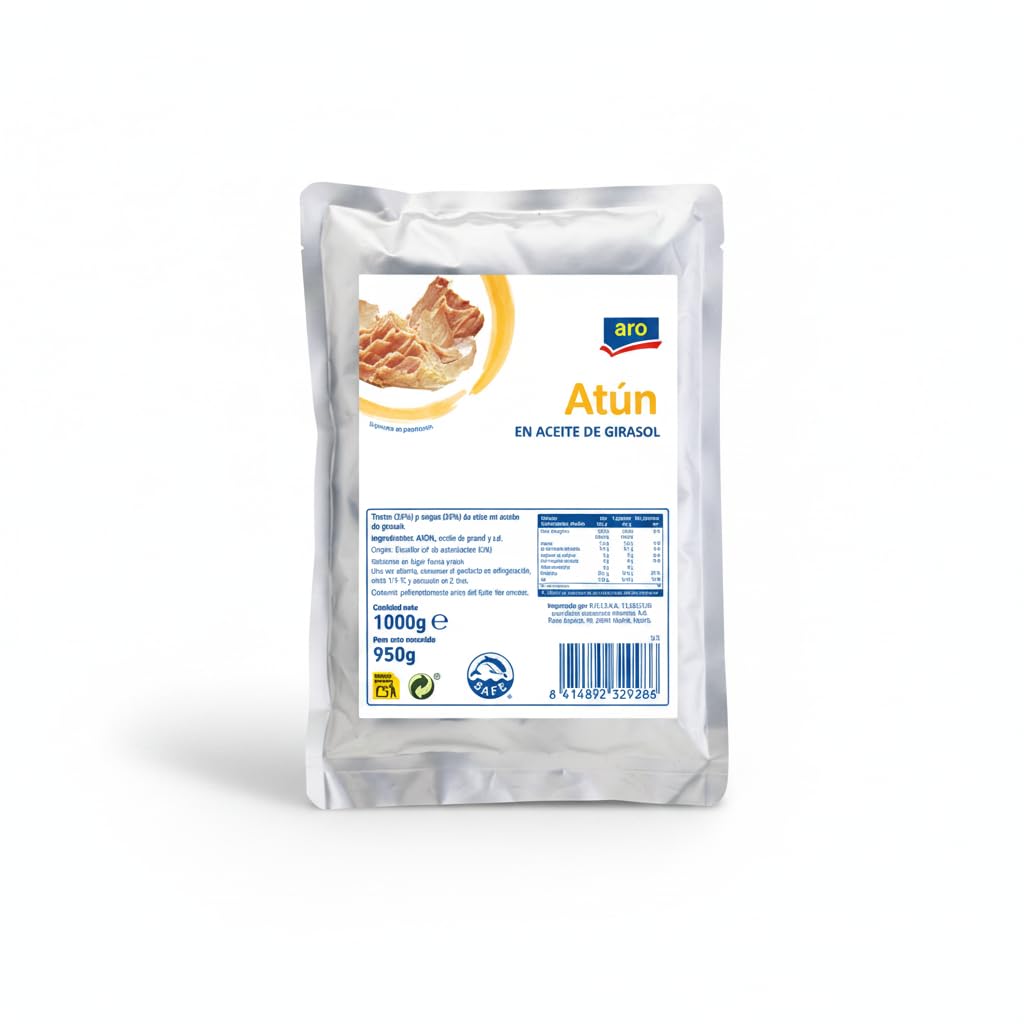 Atún en Aceite de Girasol - Formato Ahorro Pouch 1kg (950g Escurrido) - Mezcla Trozos y Migas - Alto en Proteínas - Aro - Certificado Dolphin Safe - Ideal para Hostelería y Catering - NEXU