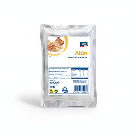Atún en Aceite de Girasol - Formato Ahorro Pouch 1kg (950g Escurrido) - Mezcla Trozos y Migas - Alto en Proteínas - Aro - Certificado Dolphin Safe - Ideal para Hostelería y Catering - NEXU