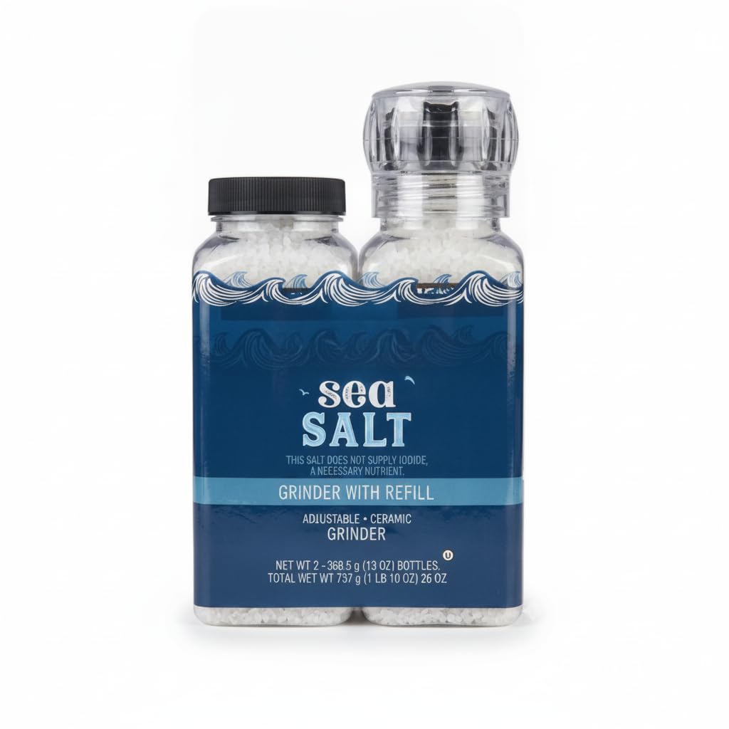 Sal Marina 737g - Pack de 2 con Molinillo Cerámico Ajustable y Botella de Recambio - 100% Sal Marina Pura de Italia - Certificado Kosher - NEXU