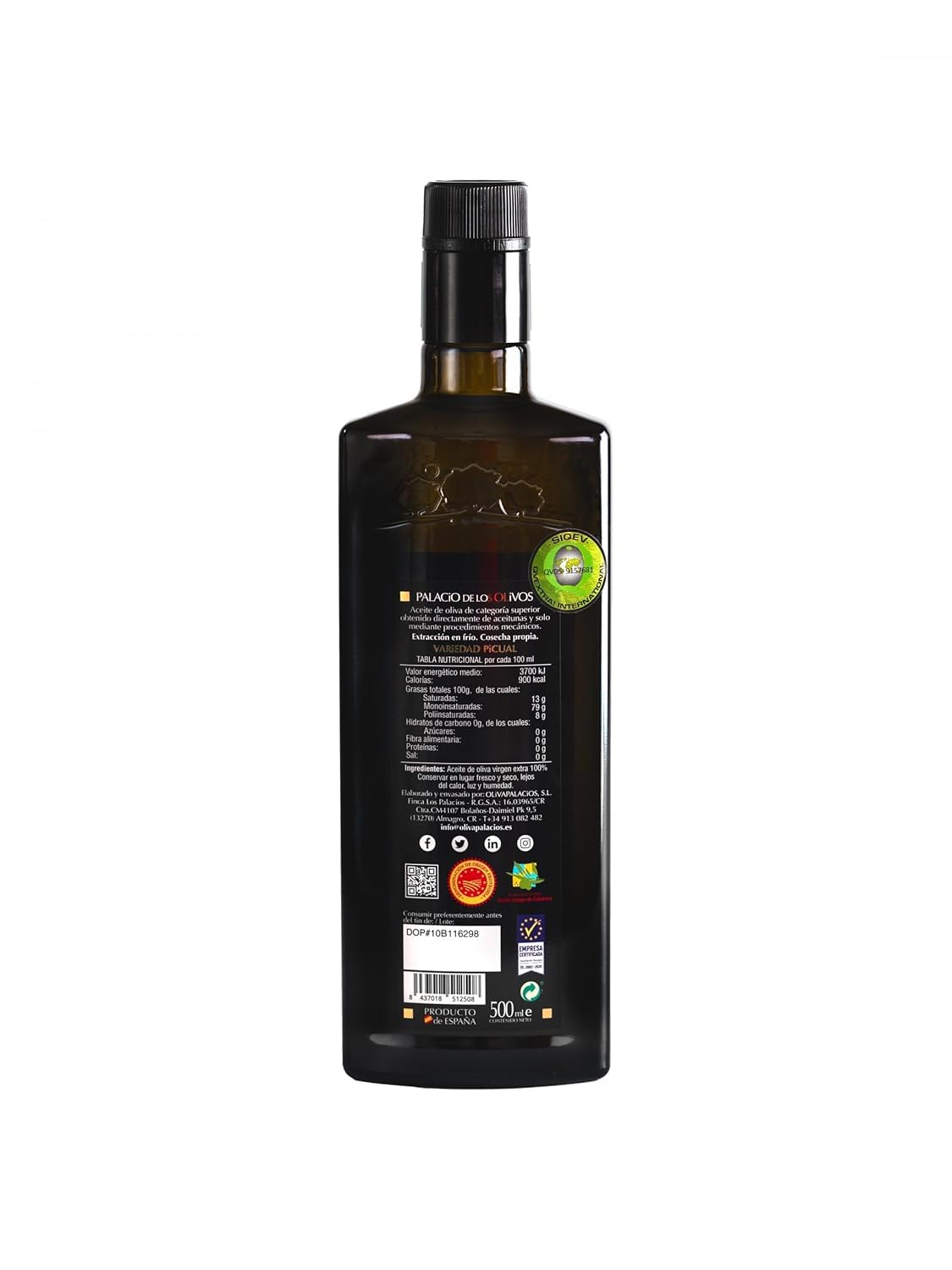 Palacio de los Olivos - Aceite De Oliva Virgen Extra Picual Gourmet - Prensado en Frío, Recolección Temprana - Botella 500ml