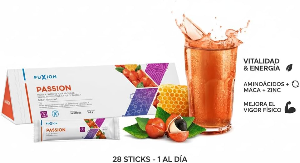 FUXION - PASSION Té Funcional | Mezcla de Aminoácidos + Maca + Ginseng + Jalea Real + Zinc | Energía y Vitalidad Natural para Hombre y Mujer | 1 Caja con 28 Sticks de 5g