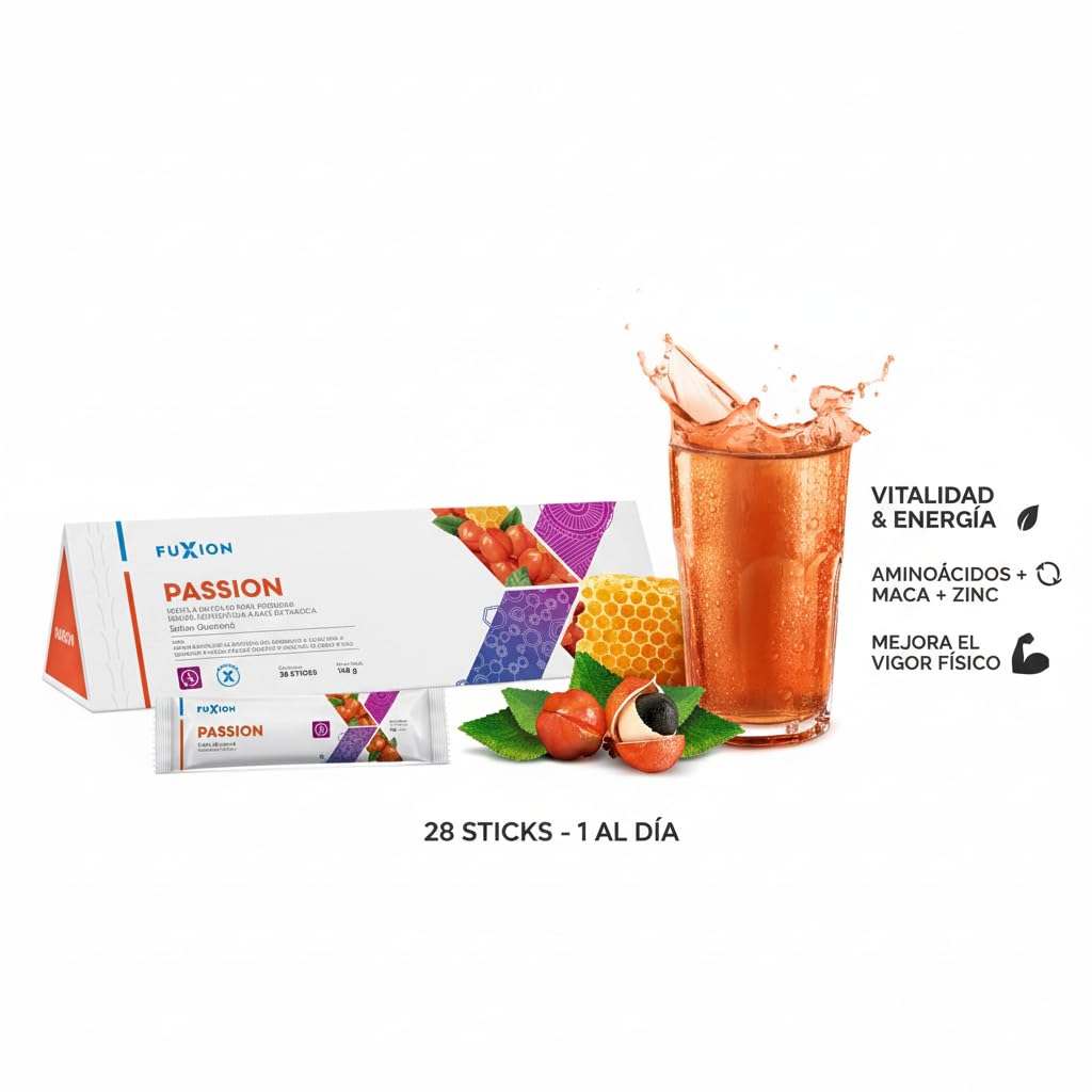 FUXION - PASSION Té Funcional | Mezcla de Aminoácidos + Maca + Ginseng + Jalea Real + Zinc | Energía y Vitalidad Natural para Hombre y Mujer | 1 Caja con 28 Sticks de 5g