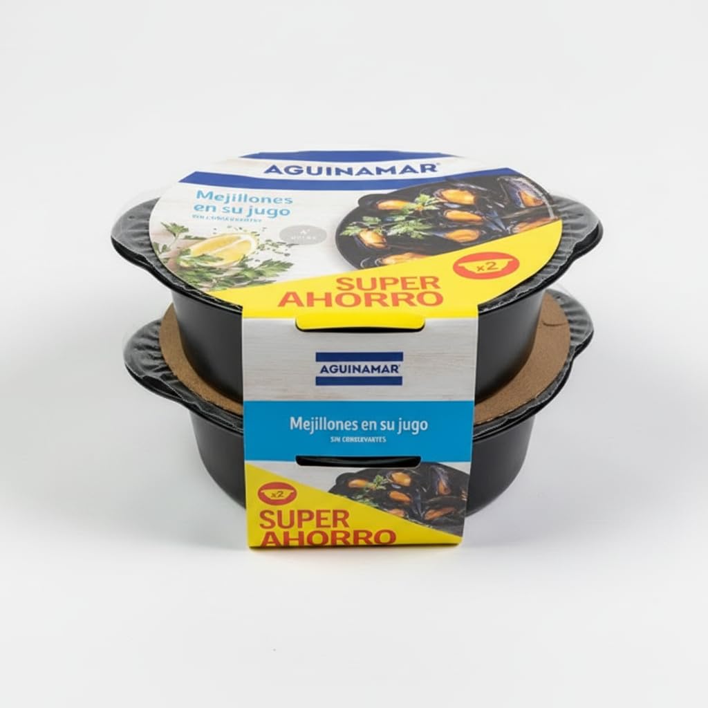 Mejillones en su Propio Jugo - Pack Super Ahorro de 2 Unidades - Listos en 4 Minutos al Microondas - Sin Conservantes Añadidos - Aguinamar - Sabor Natural del Mar - NEXU
