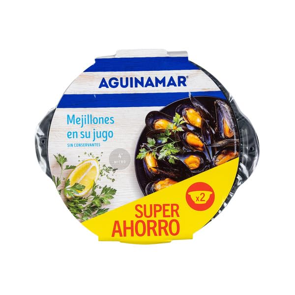 Mejillones en su Propio Jugo - Pack Super Ahorro de 2 Unidades - Listos en 4 Minutos al Microondas - Sin Conservantes Añadidos - Aguinamar - Sabor Natural del Mar - NEXU