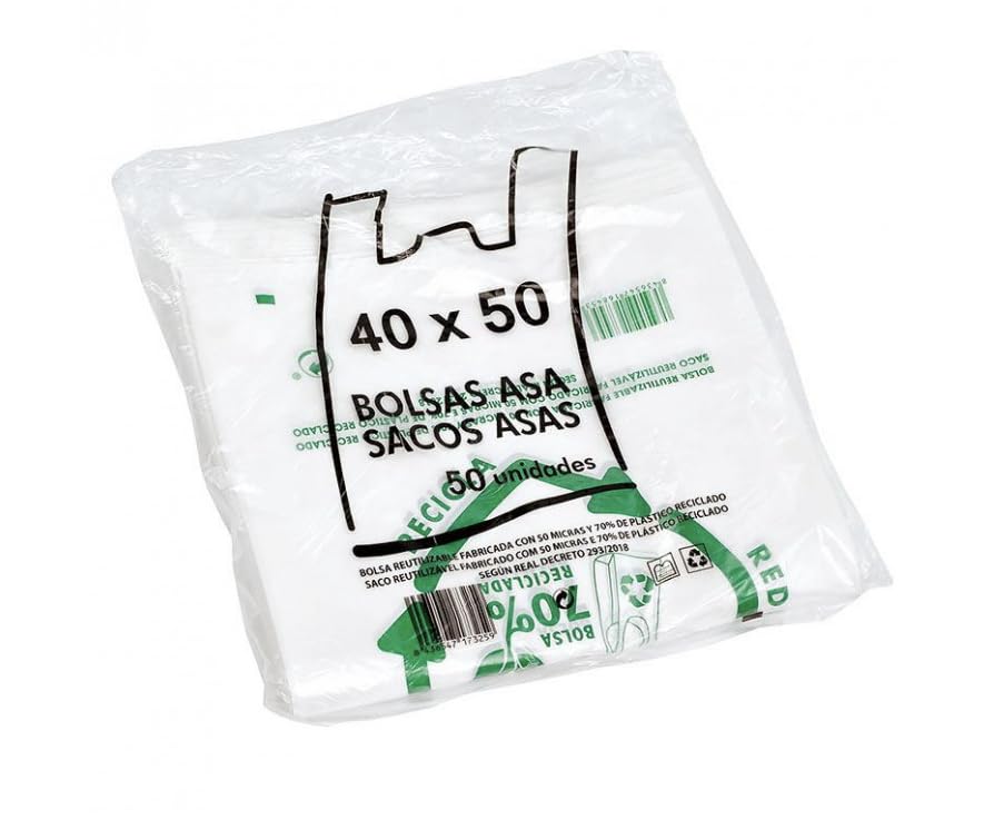 Bolsas plástico. Bolsas asas plástico. Bolsa Camiseta 50 micras 70% reciclado BLANCAS. Bolsa con asas. PACK de 50 unidades. Alta resistencia. (B40x50_)