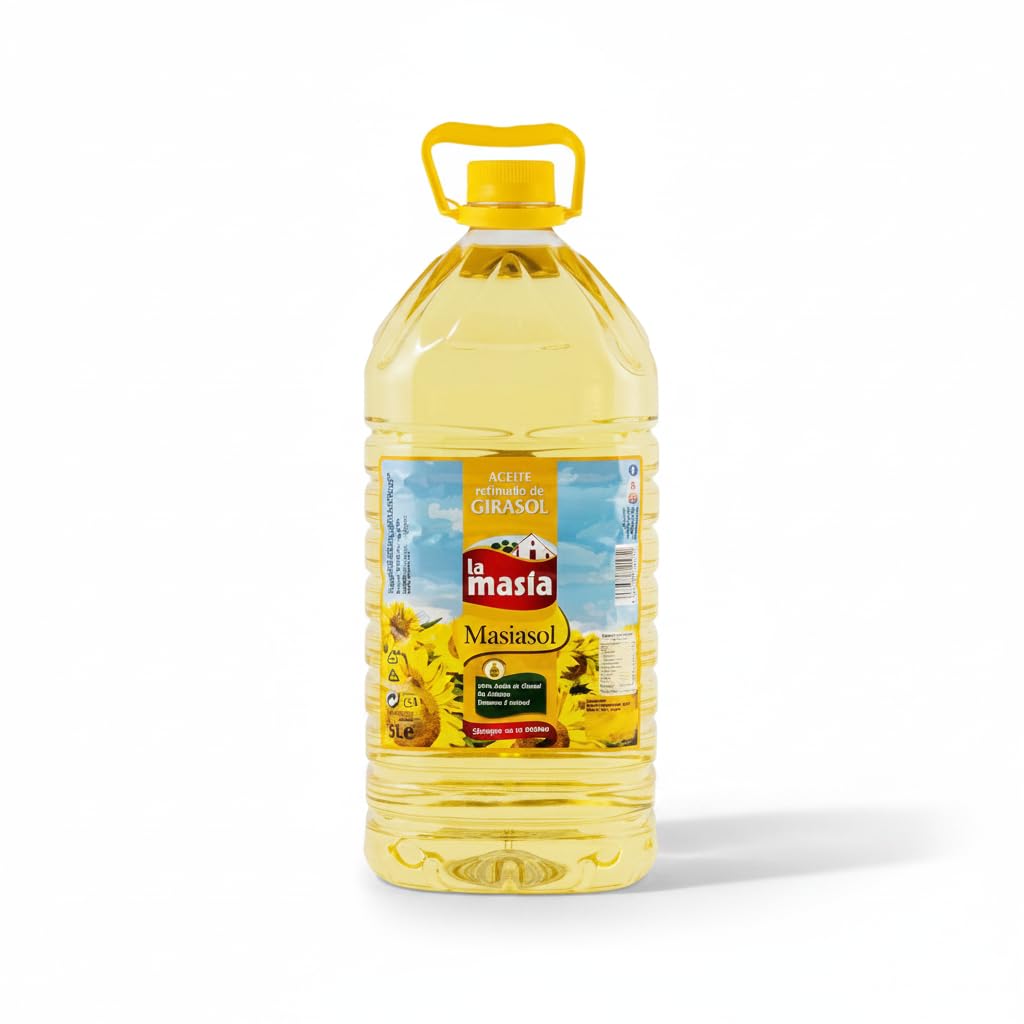 Aceite de Girasol Refinado - Garrafa 5 Litros - Rico en Vitamina E, Acidez Máxima 0,2º, Sin Aditivos - Ideal para Frituras y Repostería - La Masía - Formato Ahorro con Asa Ergonómica - NEXU