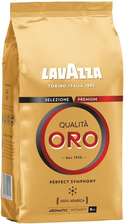 Lavazza, Qualità Oro, Café en Grano Natural, Ideal para la Máquina de Café Espresso, con Notas Aromáticas de Frutas y Flores, 100% Arábica, Intensidad 5, Tueste Medio, Paquete de 1 kg