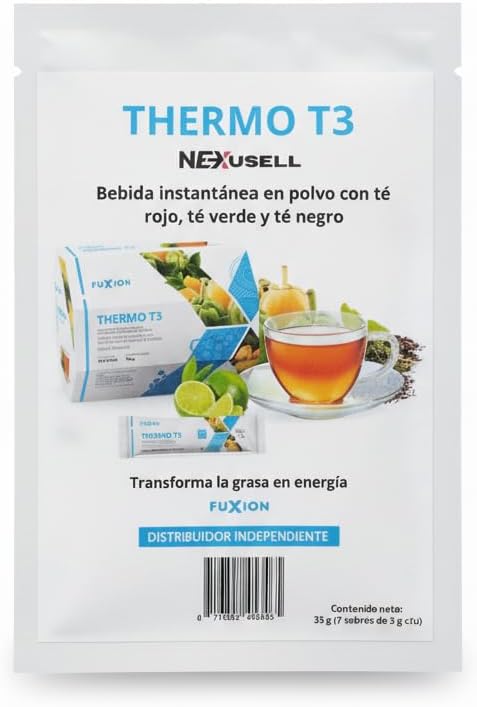 FUXION - Thermo T3 – Té Termogénico Sabor Limón con Mix de 3 Tés (Verde, Rojo y Negro), L-Carnitina y Extractos Naturales | Control de Peso y Energía | 7UND