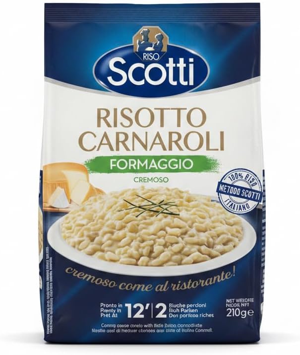 Risotto Carnaroli al Queso Cremoso - 210g, Arroz 100% Italiano, Sin Gluten, Riso Scotti - Listo en 12 Minutos, 2 Raciones - Receta Gourmet - NEXU