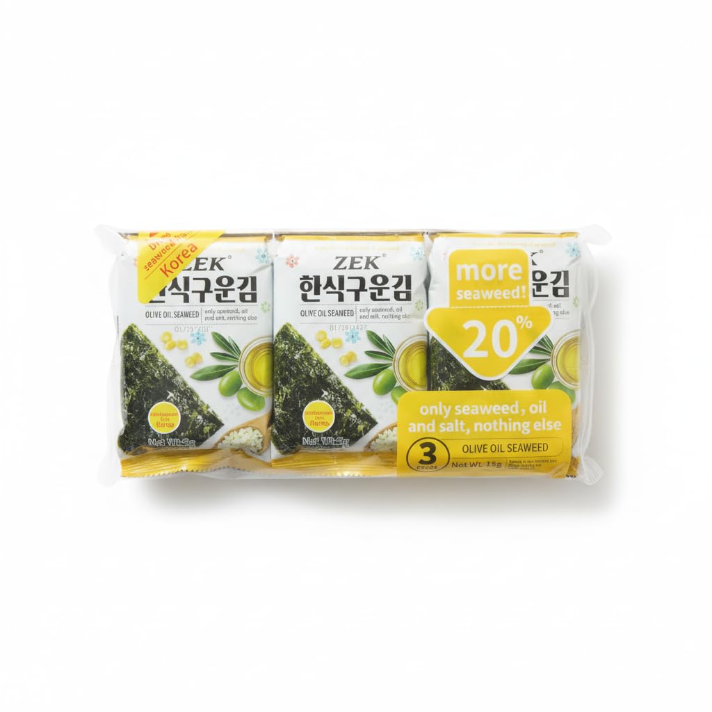Algas Nori Tostadas con Aceite de Oliva - Snack Coreano Crujiente de Primera Cosecha - Fuente de Proteína y Sin Azúcar - Pack de 3 Unidades (15g Total) - NEXU