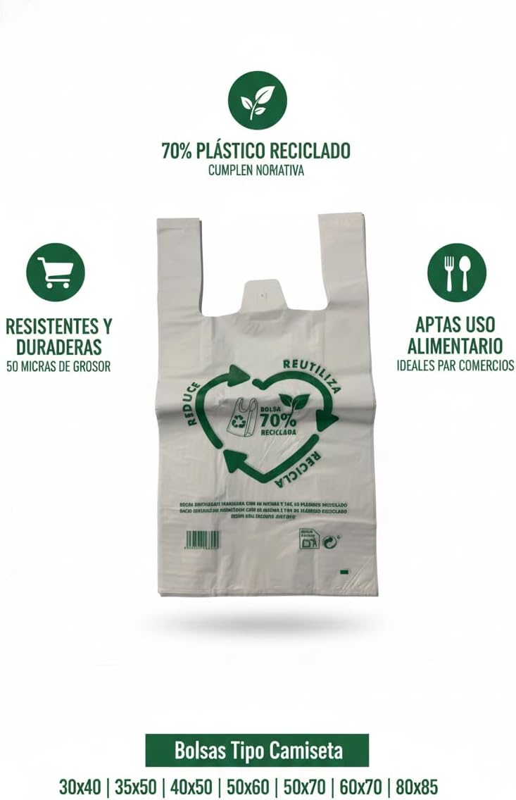 Bolsas Tipo Camiseta | Plástico 70% Reciclado · Tamaño 30x40 cm | 100 Uds | Aptas Uso Alimentario, Resistentes, Reutilizables | Cumple todas las normativas