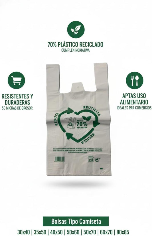 Bolsas Tipo Camiseta | Plástico 70% Reciclado · Tamaño 50x60 cm | 50 Uds | Aptas Uso Alimentario, Resistentes, Reutilizables | Cumple todas las normativas