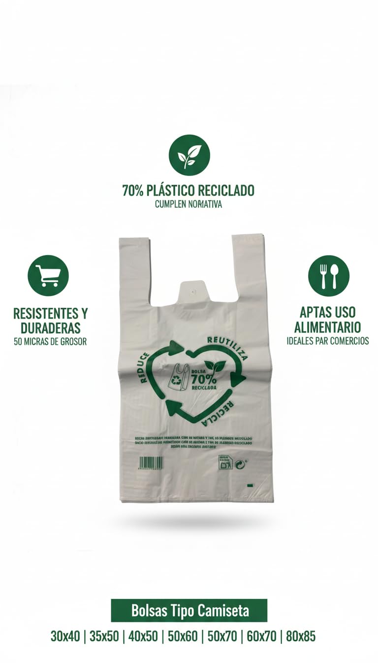 Bolsas Tipo Camiseta | Plástico 70% Reciclado · Tamaño 35x50 cm | 100 Uds | Aptas Uso Alimentario, Resistentes, Reutilizables | Cumple todas las normativas