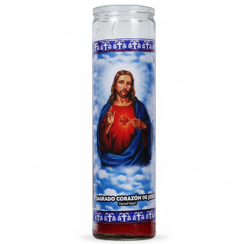 Velón Sagrado Corazón de Jesús - Vela Roja de 7 Días - 100% Parafina de Alta Pureza en Envase de Cristal - Duración Aproximada 110 Horas - Goya - Para Oración y Devoción Espiritual - NEXU