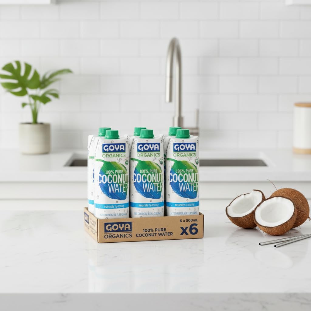 Organics Agua de Coco 100% Pura y Orgánica - Pack de 6 Envases de 500ml - Bebida Hidratante Natural con Electrolitos, Potasio y Vitamina C - Goya - Certificación USDA Organic - NEXU