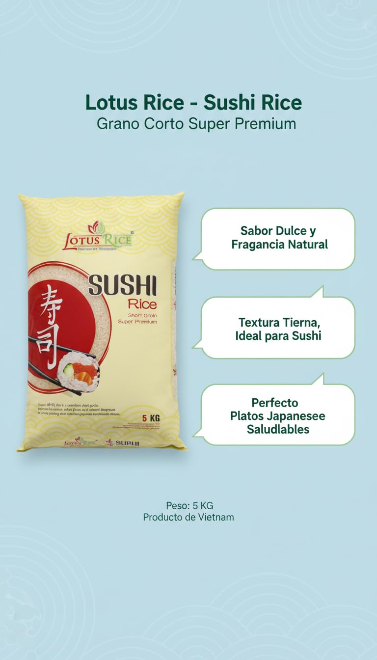 Arroz para Sushi Lotus Rice Grano Corto Premium 5kg - Arroz Japonés Superior para Sushi, Maki y Nigiri - Textura Tierna y Sabor Dulce Natural