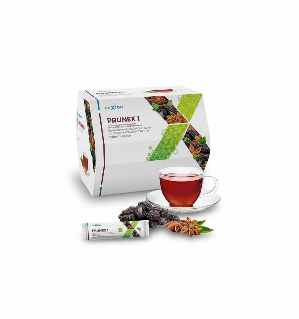 FUXION - Prunex 1 Té Detox en Polvo para Limpieza y Desintoxicación del Colon Infusión Instantánea Natural 1 Caja con 28 Sobres Tránsito Intestinal Saludable Sabor a Ciruela Pasa Linaza Kelp y Anís Estrella