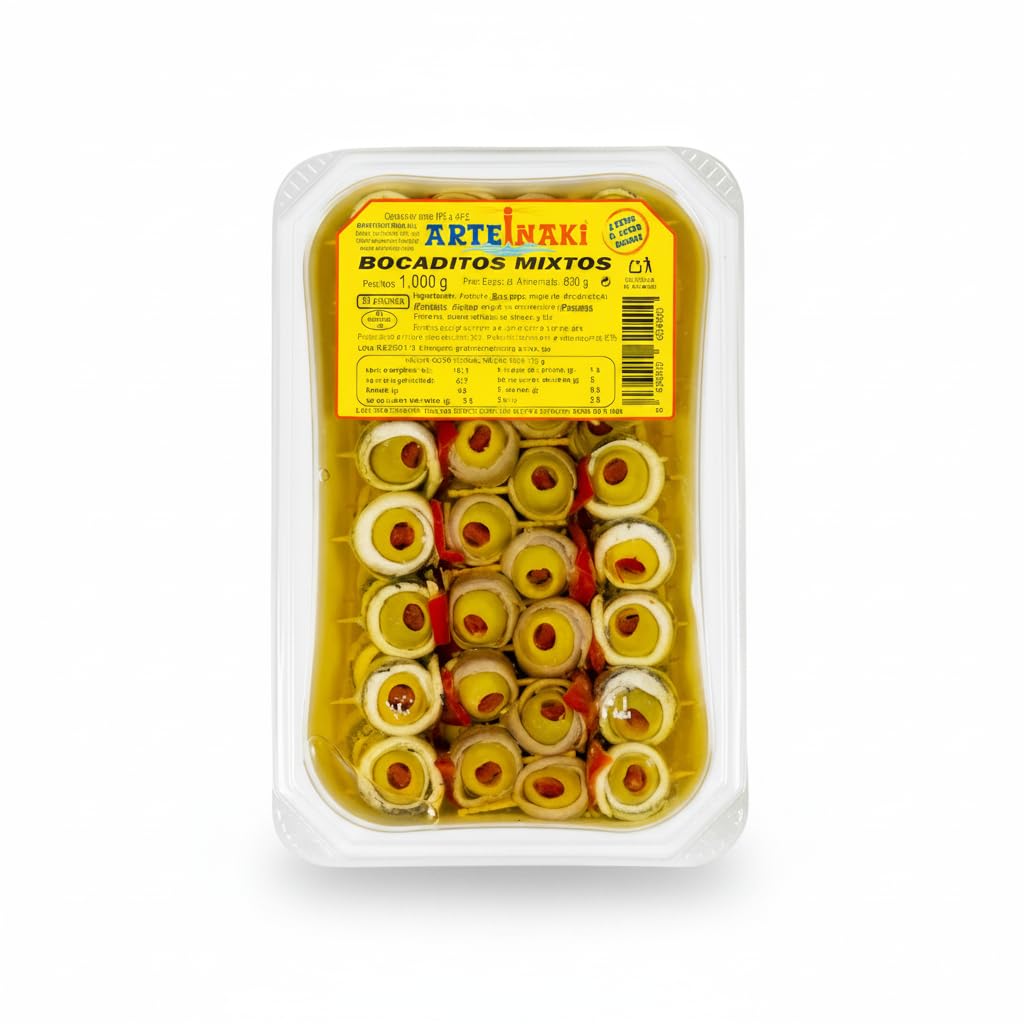 30 Bocaditos Mixtos - Pinchos Artesanales de Aceituna, Boquerón y Anchoa con Pimiento - Aperitivo Gourmet para Hostelería y Eventos - ArteInaki -1kg (600g Escurrido) - NEXU