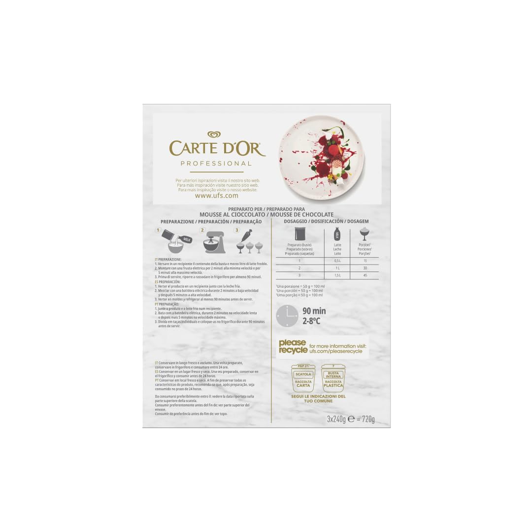 Carte d'Or Mousse Chocolate - Sin Gluten - 3 sobres x 240g - 45 raciones