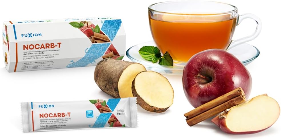 NOCARB T | Té de Fibras Solubles Naturales (Yacón, Acacia, Inulina, Pectina de Manzana) + Canela + Té Verde + Cromo | Control de Azúcar y Carbohidratos | Sabor Manzana & Canela | 1 Caja de 7 Sticks