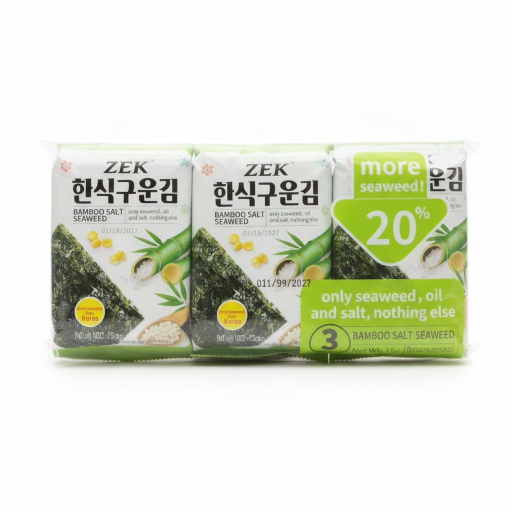 Algas Nori Tostadas con Sal de Bambú Coreanas - Pack de 3 (15g) - Aperitivo de Algas Marinas Crujientes y Naturales - Ideal para Sushi, Arroz o Snack Saludable - Sin Aditivos Artificiales - NEXU
