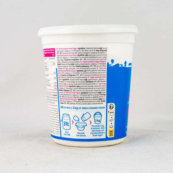 Yogur Griego Auténtico Natural 0% Grasa - 1 kg - Alto en Proteínas (10g/100g) - Sin Azúcares Añadidos y Textura Cremosa - Olympus - Formato Familiar Saludable - NEXU