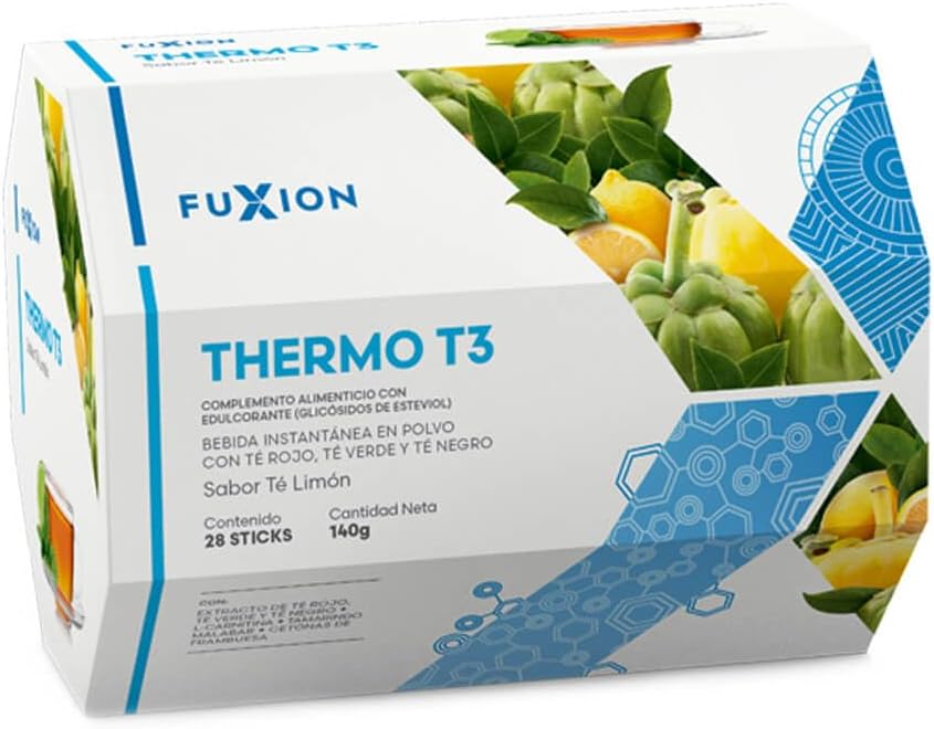 FUXION - Thermo T3 – Té Termogénico Sabor Limón con Mix de 3 Tés (Verde, Rojo y Negro), L-Carnitina y Extractos Naturales | Control de Peso y Energía | 1 Caja con 28 Sticks (140g)