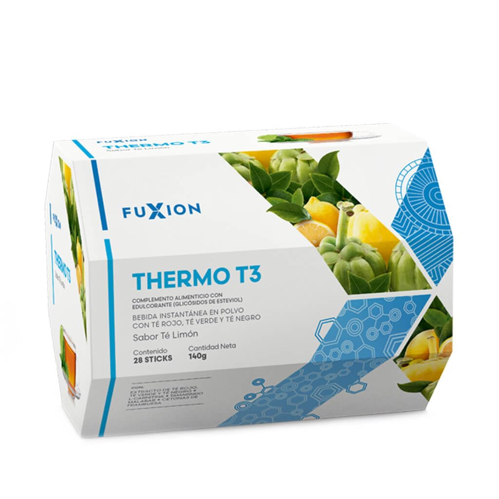FUXION - Thermo T3 – Té Termogénico Sabor Limón con Mix de 3 Tés (Verde, Rojo y Negro), L-Carnitina y Extractos Naturales | Control de Peso y Energía | 1 Caja con 28 Sticks (140g)