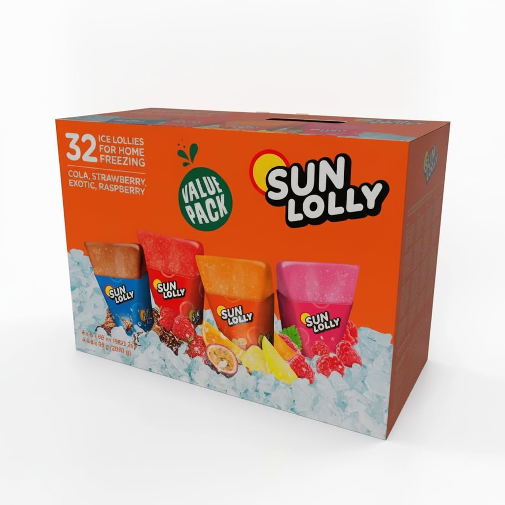 Pack Ahorro de 32 Polos para Comer en Casa - 4 Sabores Frutales: Cola, Fresa, Exótico y Frambuesa - Sin Conservantes - Sun Lolly - Formato Familiar 32 x 60ml (1,92 Litros) - NEXU