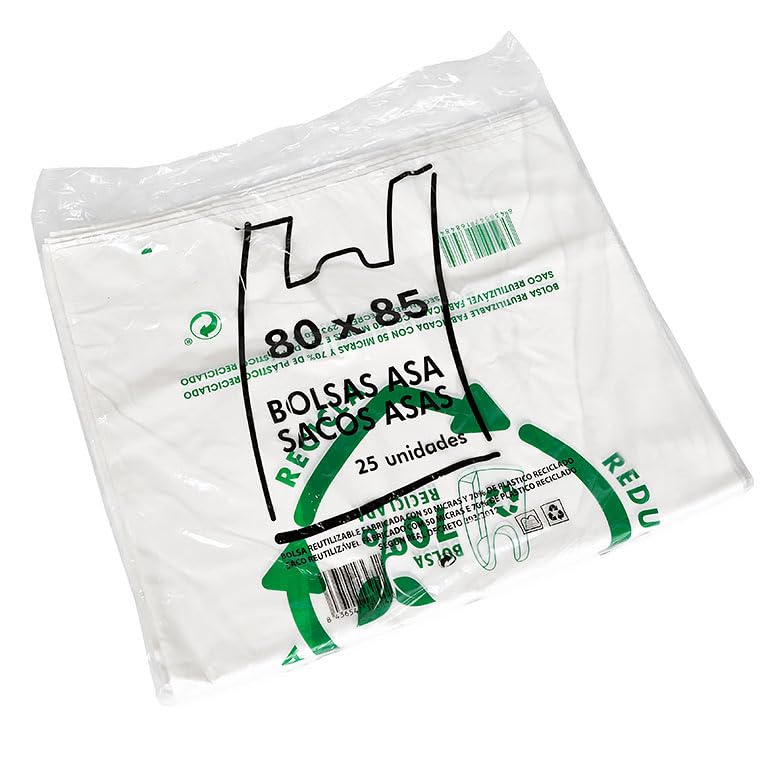 Bolsas plástico. Bolsas asas plástico. Bolsa Camiseta 50 micras  BLANCAS. Bolsa con asas. PACK de 25 unidades. Alta resistencia.