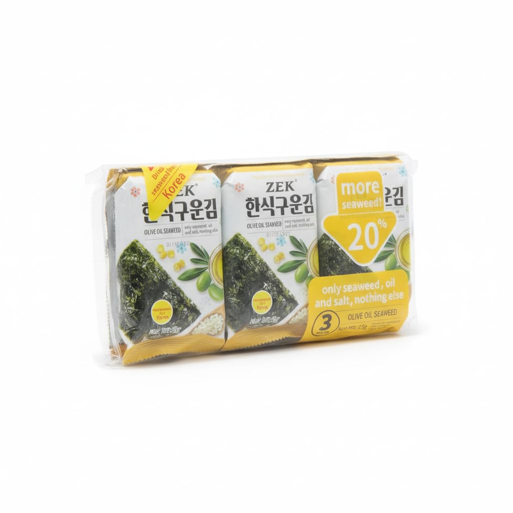Algas Nori Tostadas con Aceite de Oliva - Snack Coreano Crujiente de Primera Cosecha - Fuente de Proteína y Sin Azúcar - Pack de 3 Unidades (15g Total) - NEXU