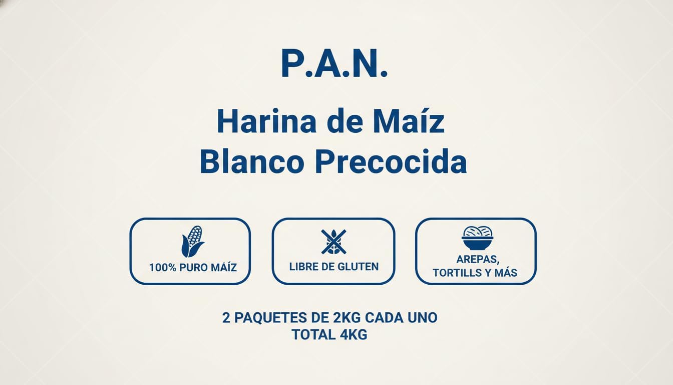 Harina de Maíz Blanco Precocida P,A,N, 100% Puro Maíz Natural, Sin Gluten, Pack de 2 Paquetes de 2kg (Total 4kg) - Ideal para Arepas, Tortillas, Empanadas y Recetas Tradicionales