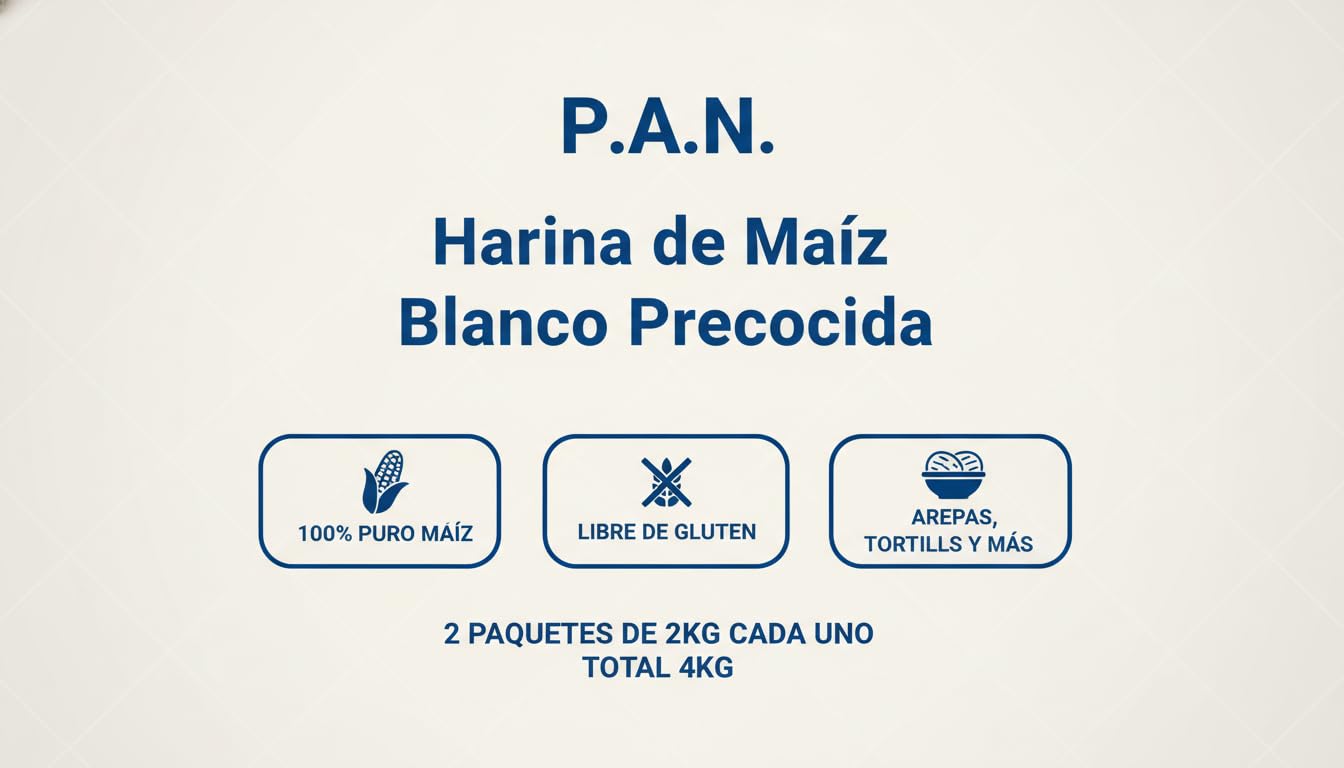 Harina de Maíz Blanco Precocida P,A,N, 100% Puro Maíz Natural, Sin Gluten, Pack de 2 Paquetes de 2kg (Total 4kg) - Ideal para Arepas, Tortillas, Empanadas y Recetas Tradicionales