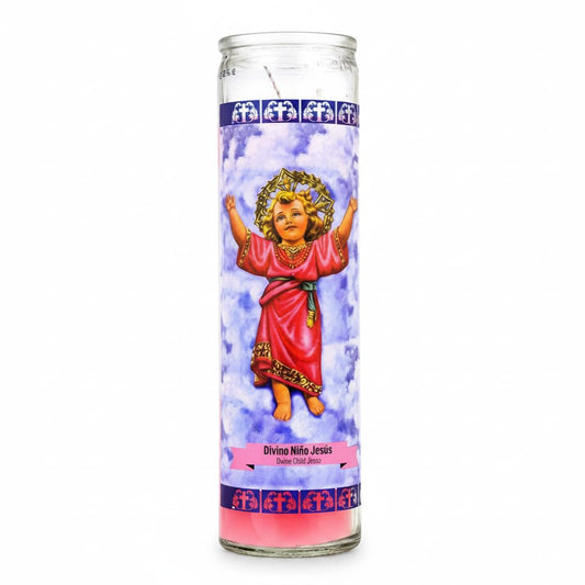 Velón Religioso Divino Niño Jesús Color Rosa - Vela de Oración de 7 Días (110 Horas) en Vaso de Cristal - Ideal para Peticiones, Devoción y Protección Espiritual - Goya - Acabado Profesional - NEXU